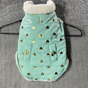 PET Apparel Mint Dog Cat Medium Seafoam Green Gold Heart Sweater Fleece Jacket M